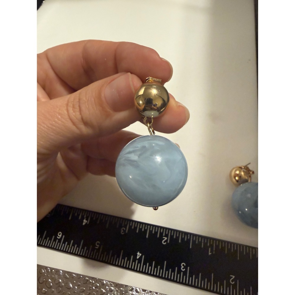 Vintage Style Light Blue Marbled Resin Orb Gold Tone Omega Back Drop Earrings